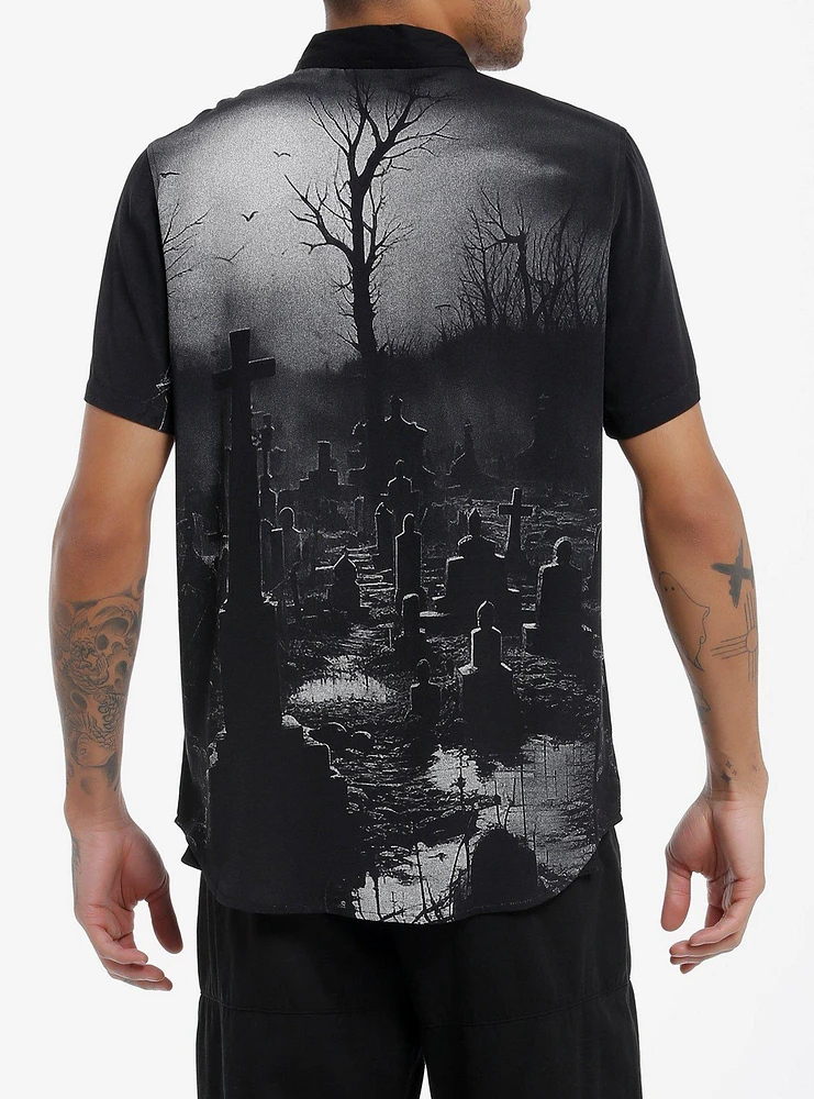 Cemetery Scene Woven Button-Up