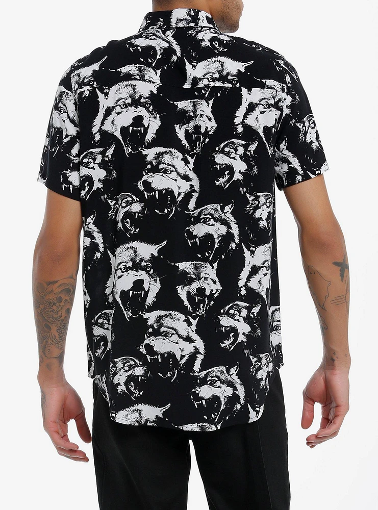 Black & White Wolf Woven Button-Up