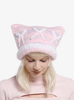 Pink Lavender Crochet Bow Cat Ear Beanie