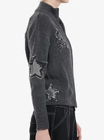 Star & Skull Patches Grey Knit Girls Jacket