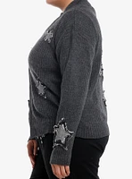 Star & Skull Patches Grey Knit Girls Jacket Plus