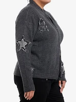 Star & Skull Patches Grey Knit Girls Jacket Plus