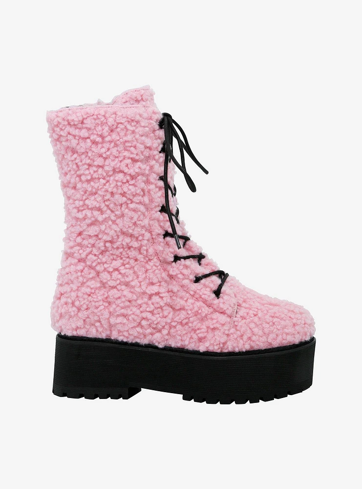 YRU Pastel Pink Sherpa Platform Combat Boots