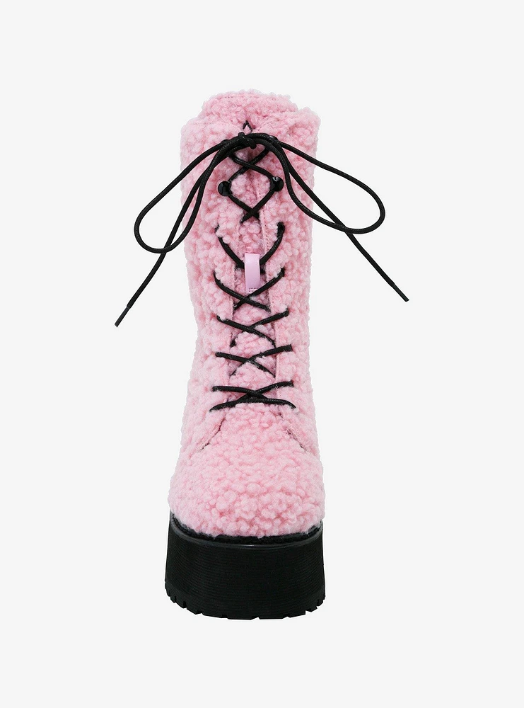 YRU Pastel Pink Sherpa Platform Combat Boots