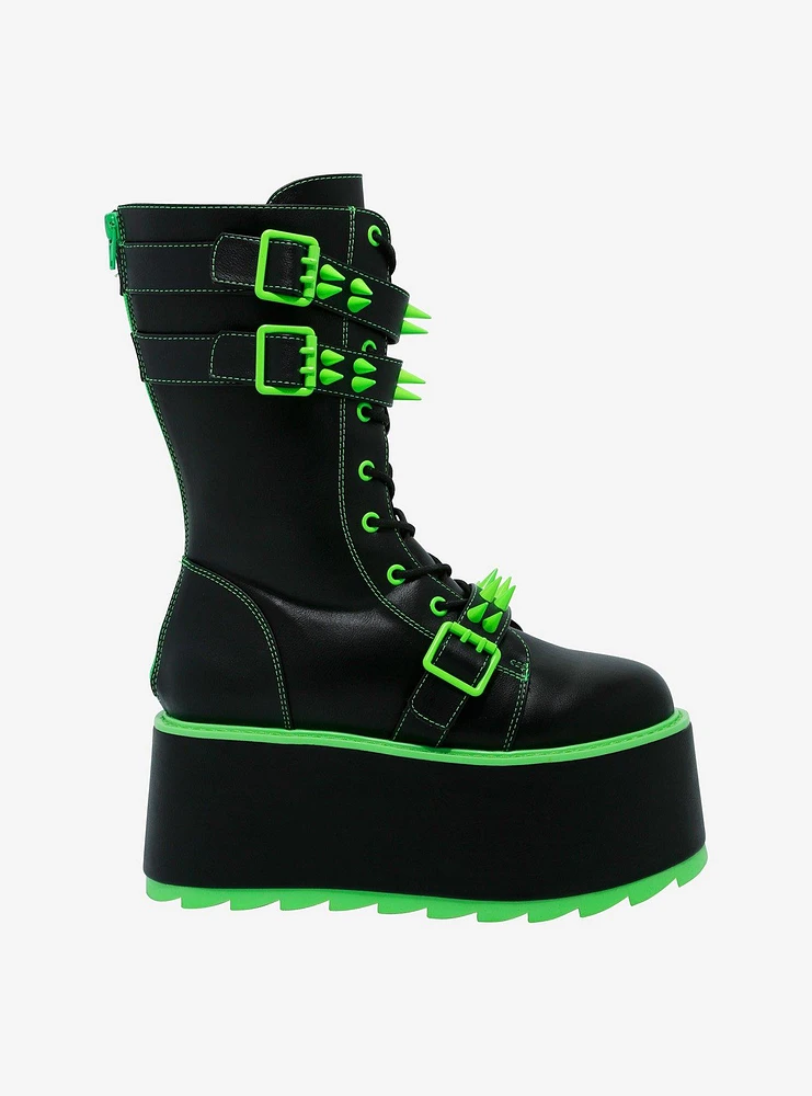 YRU Black & Neon Green Spiked Trance Platform Boots