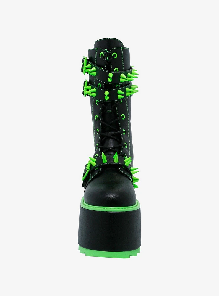 YRU Black & Neon Green Spiked Trance Platform Boots