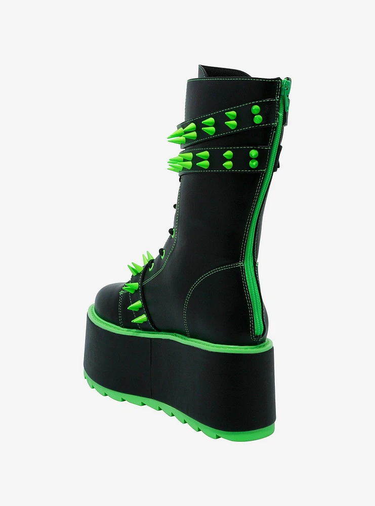 YRU Black & Neon Green Spiked Trance Platform Boots
