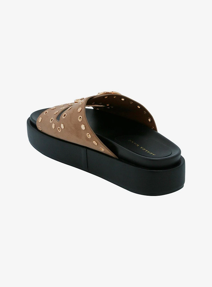 Azalea Wang Tan & Gold Grommet Platform Buckle Sandals