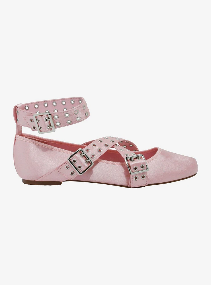 Azalea Wang Pink Satin Grommet Buckle Ballet Flats