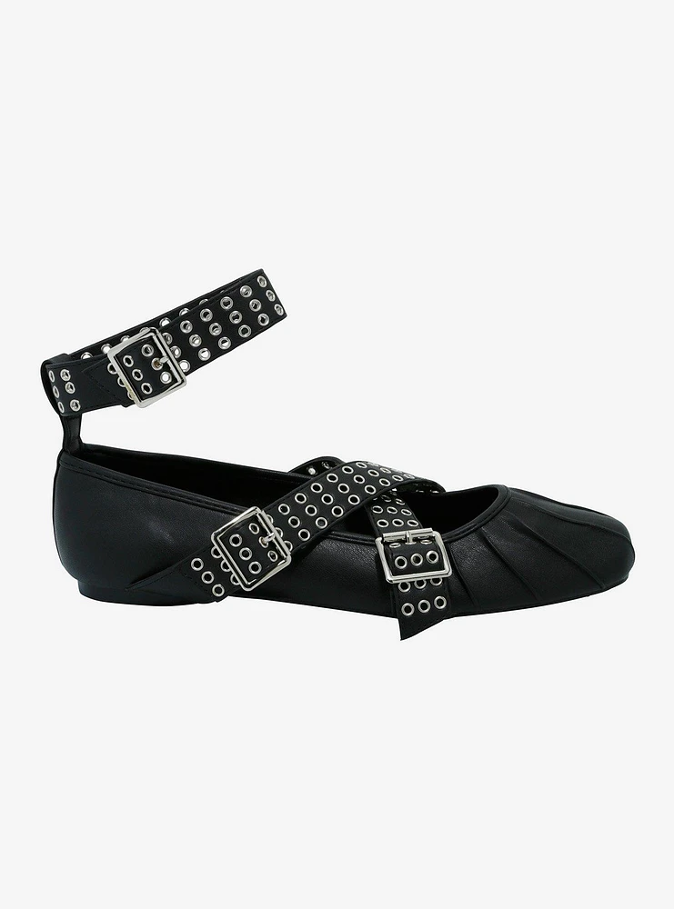 Azalea Wang Black Grommet Buckle Ballet Flats