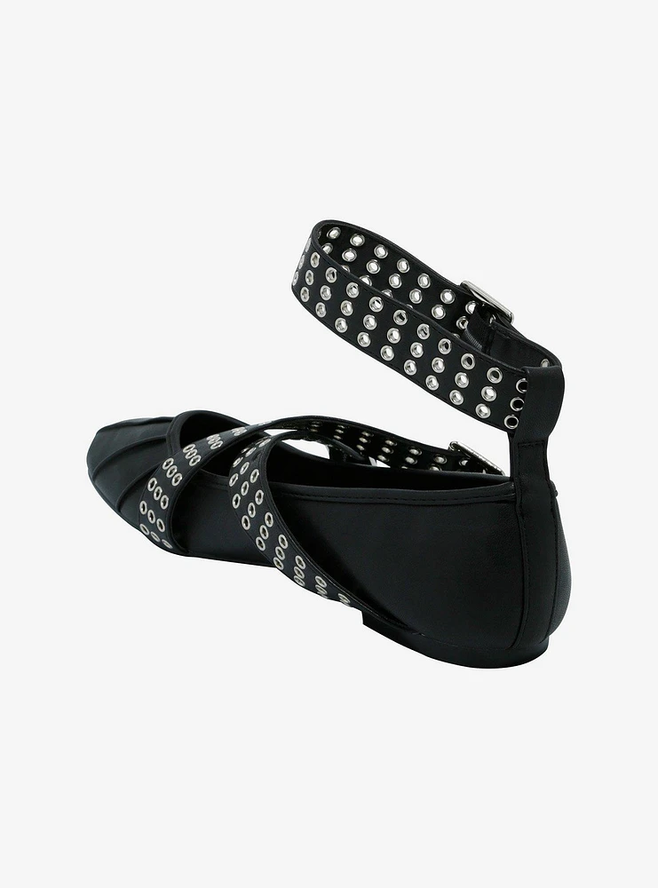 Azalea Wang Black Grommet Buckle Ballet Flats