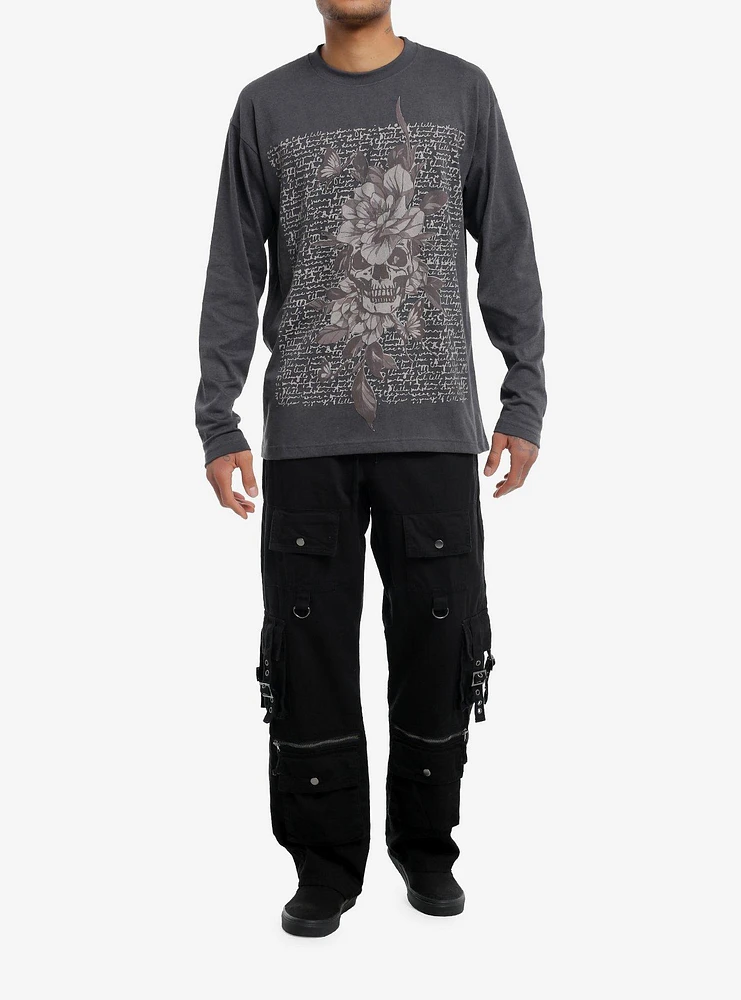 Dark Grey Floral Skull Long-Sleeve T-Shirt