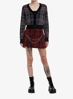 Social Collision Grey Plaid Fuzzy Girls Crop Cardigan