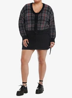 Social Collision Grey Plaid Fuzzy Girls Crop Cardigan Plus