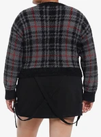 Social Collision Grey Plaid Fuzzy Girls Crop Cardigan Plus