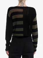 Social Collision Green & Black Stripe Bear Split Girls Crop Sweater