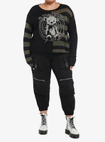 Social Collision Green & Black Stripe Bear Split Girls Crop Sweater Plus