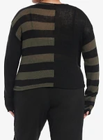 Social Collision Green & Black Stripe Bear Split Girls Crop Sweater Plus