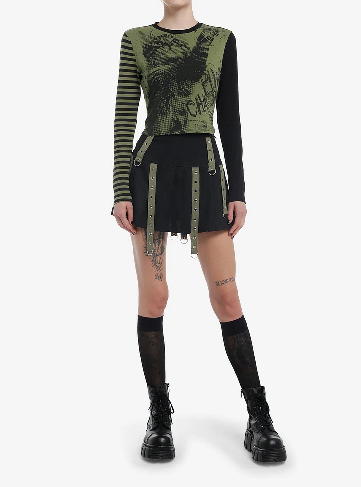 Social Collision Black & Green Grunge Cat Girls Long-Sleeve Top