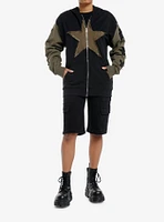 Black & Olive Green Frayed Stars Girls Hoodie