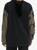 Black & Olive Green Frayed Stars Girls Hoodie