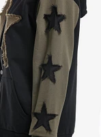 Black & Olive Green Frayed Stars Girls Hoodie