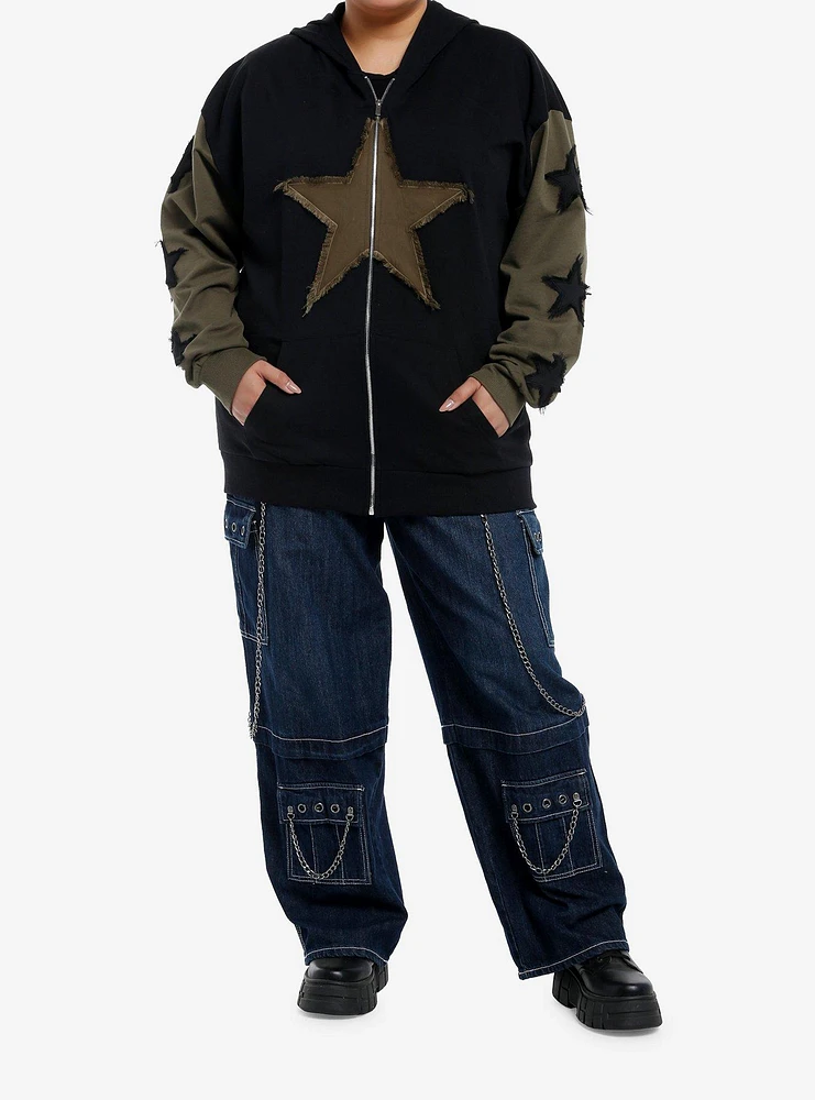 Black & Olive Green Frayed Stars Girls Hoodie Plus