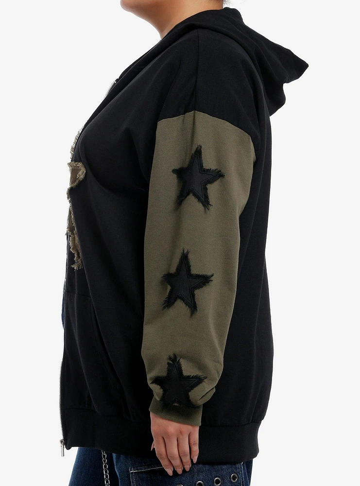 Black & Olive Green Frayed Stars Girls Hoodie Plus