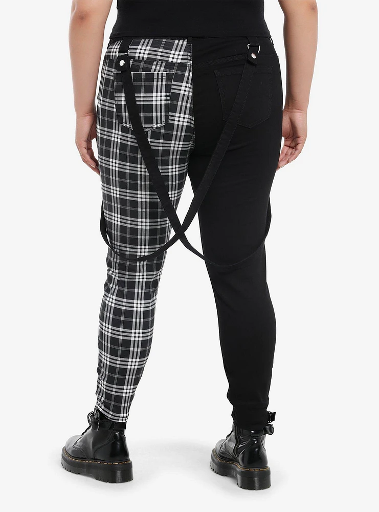 Black & White Plaid Split Suspender Hi-Rise Skinny Jeans Plus