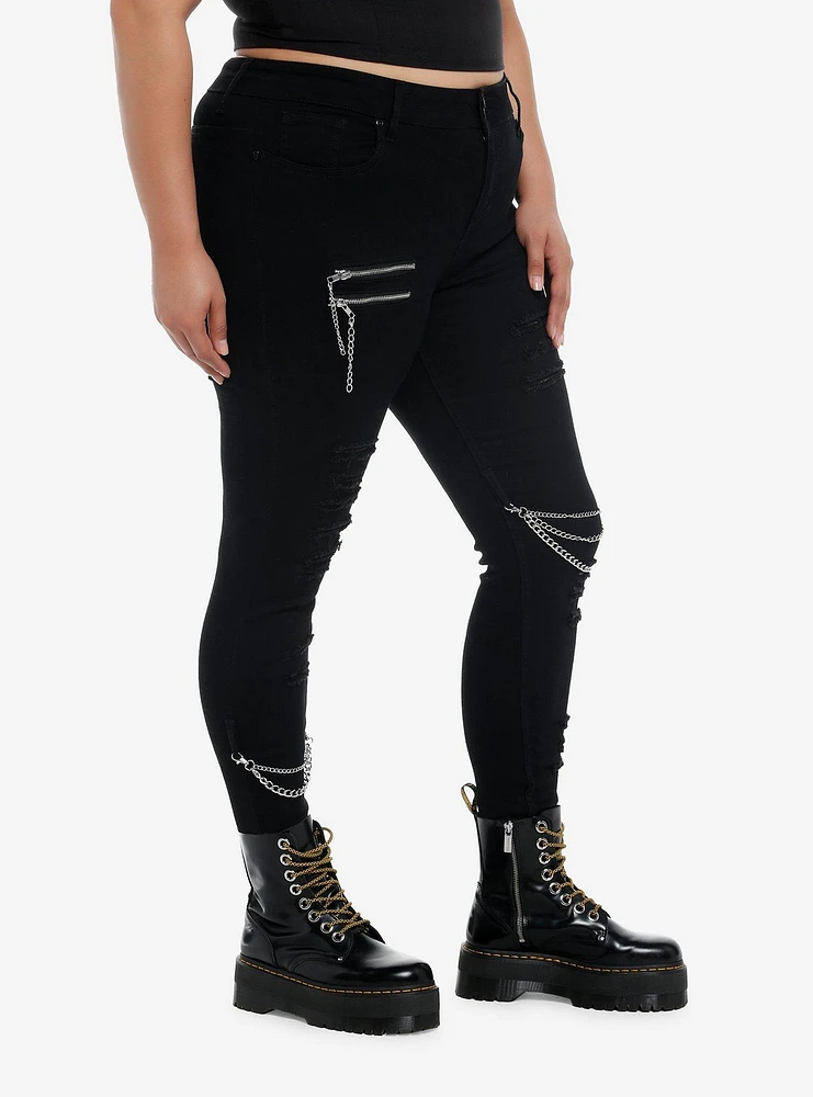 Black Zipper Chain Destructed Super Skinny Jeans Plus