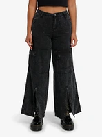 Black Acid Wash Hardware Zipper Wide Leg Jeans