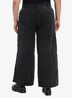 Black Acid Wash Hardware Zipper Wide Leg Jeans Plus