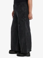 Black Acid Wash Hardware Zipper Wide Leg Jeans Plus