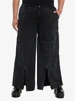 Black Acid Wash Hardware Zipper Wide Leg Jeans Plus