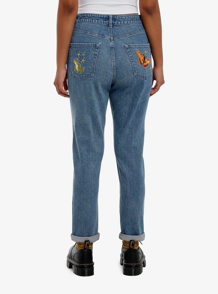 Mushroom Snail Forest Embroidered Mom Jeans