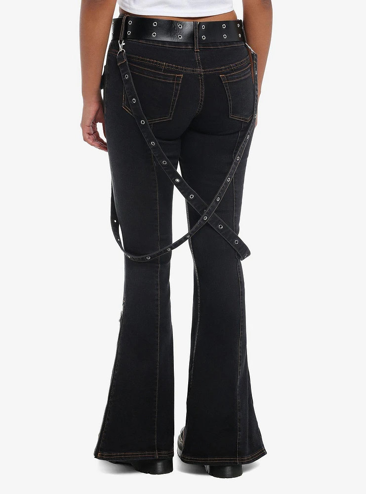 Dark Wash Grommet Suspender Flare Denim Pants With Belt