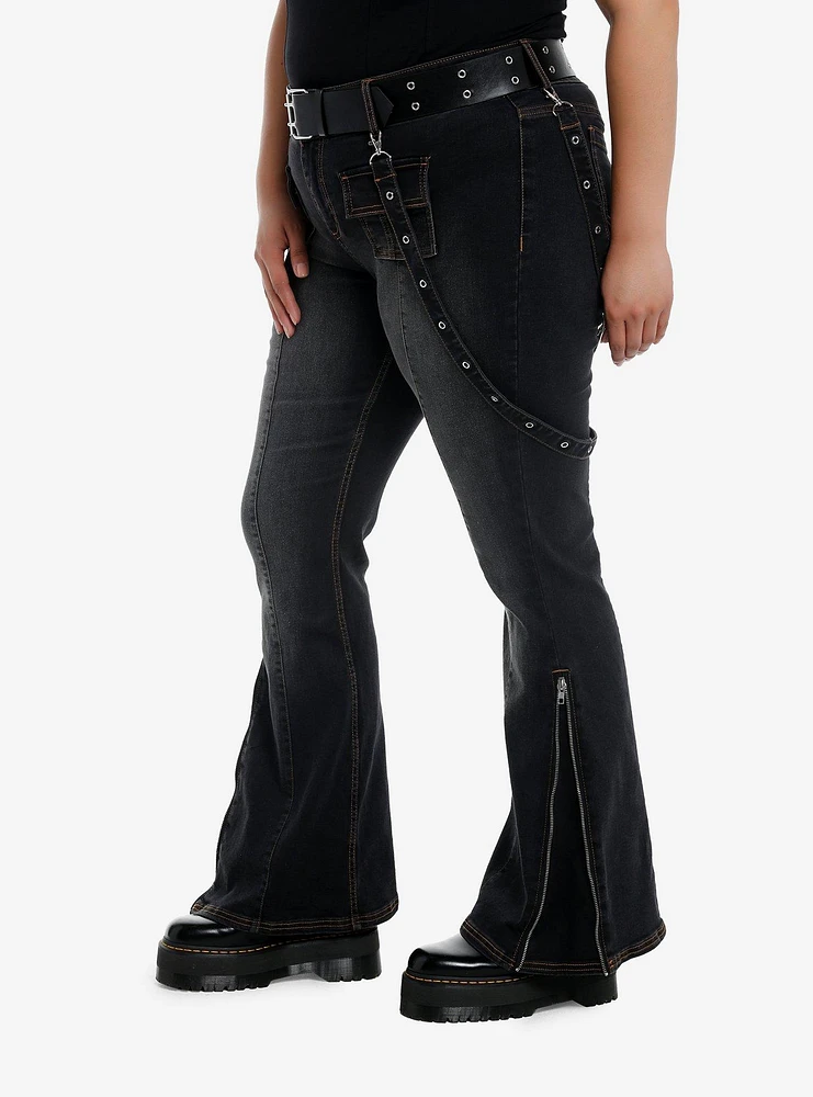 Dark Wash Grommet Suspender Flare Denim Pants With Belt Plus