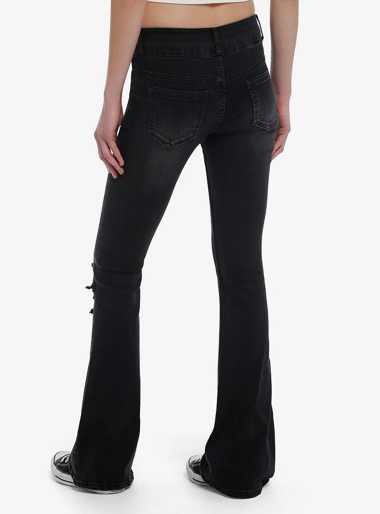 Black Frayed Star Patch Flare Denim Pants