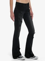 Black Frayed Star Patch Flare Denim Pants