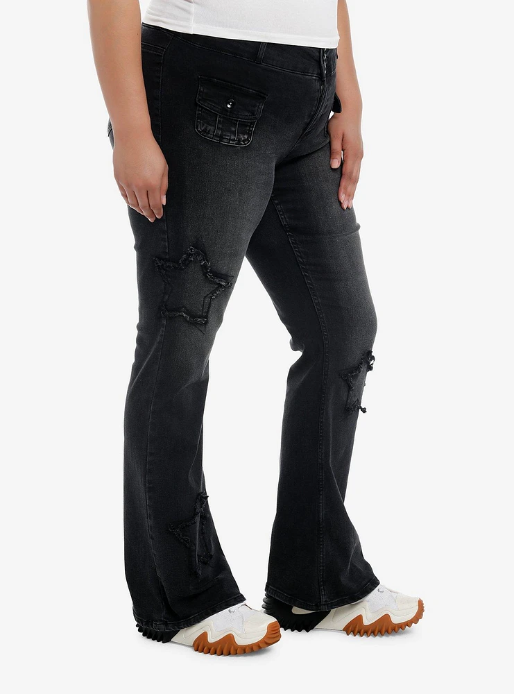 Black Frayed Star Patch Flare Denim Pants Plus