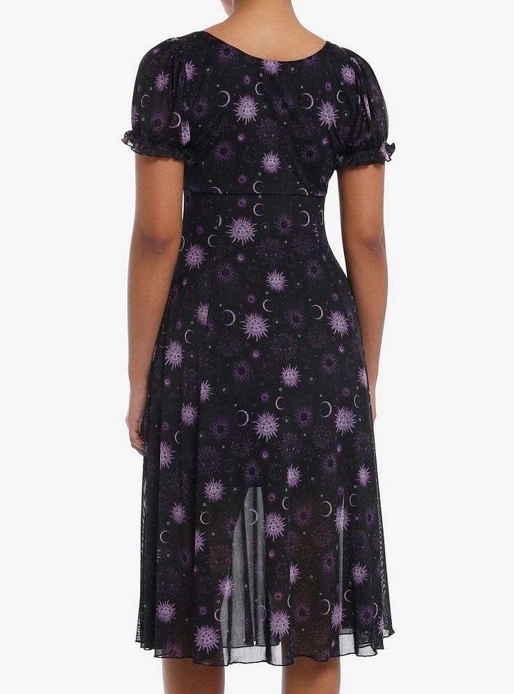 Cosmic Aura Purple Celestial Mesh Midi Dress
