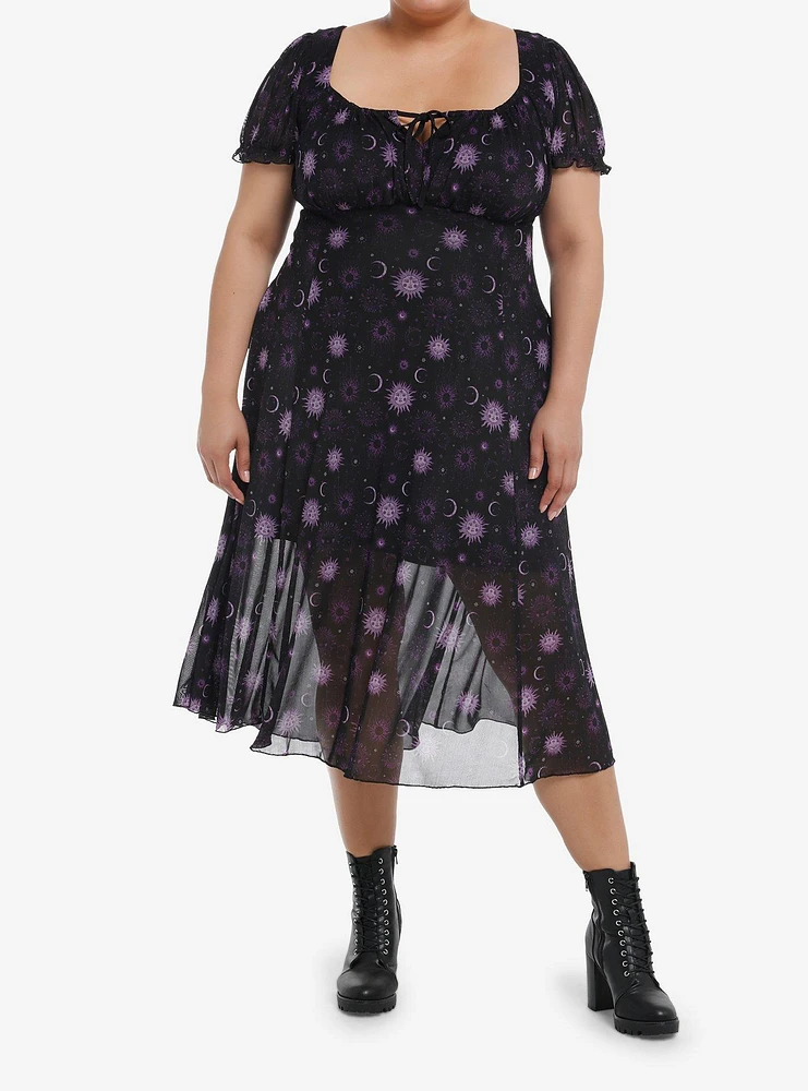 Cosmic Aura Purple Celestial Mesh Midi Dress Plus