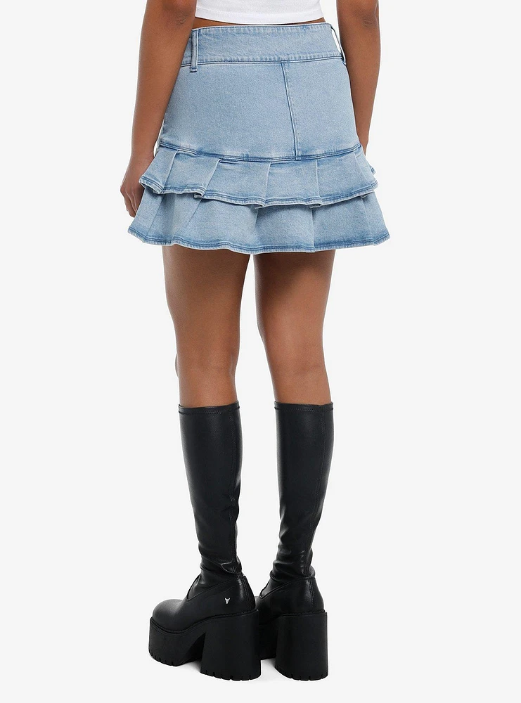 Social Collision Denim Pleated Skirt With Charm