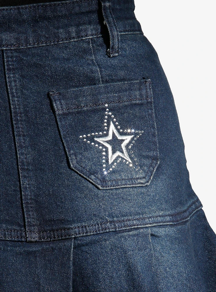 Social Collision Star Bling Dark Denim Pleated Mini Skirt