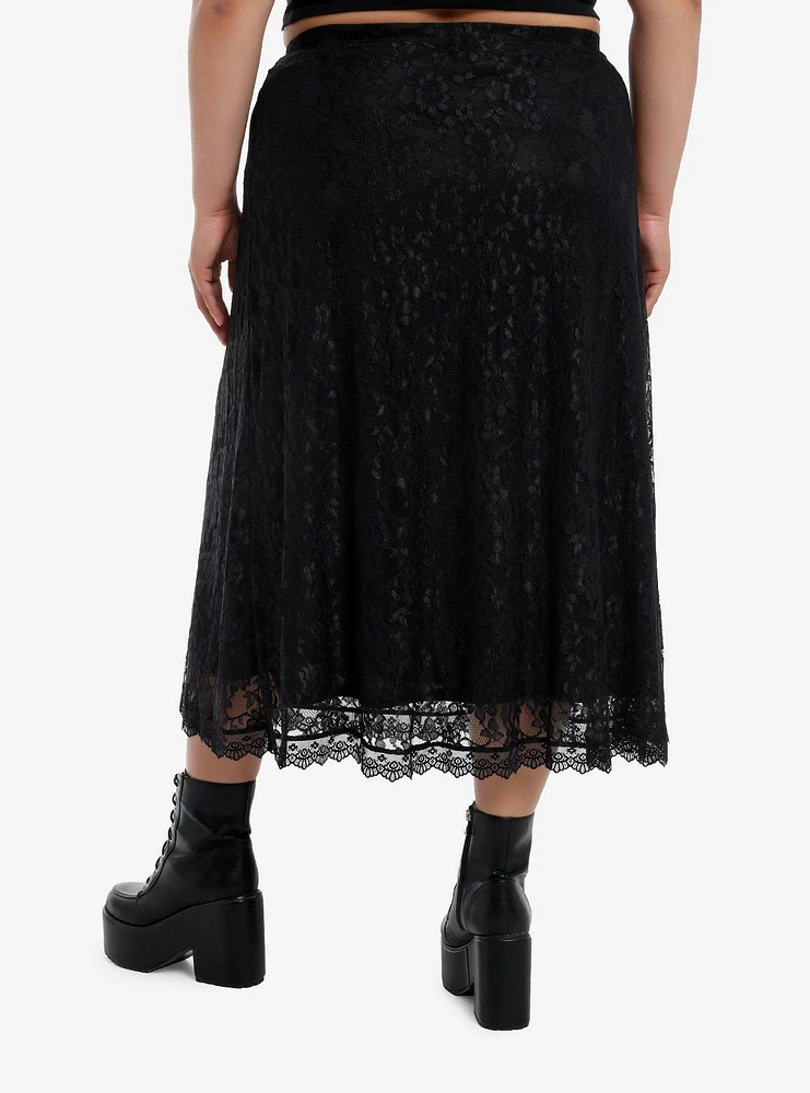 Cosmic Aura Black Floral Lace Midi Skirt Plus