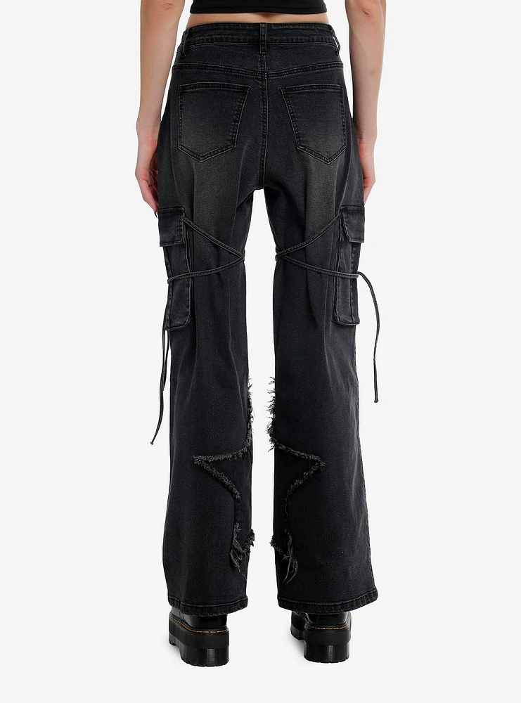 Black Star Raw Edge Tie Strap Cargo Jeans