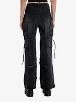 Black Star Raw Edge Tie Strap Cargo Jeans