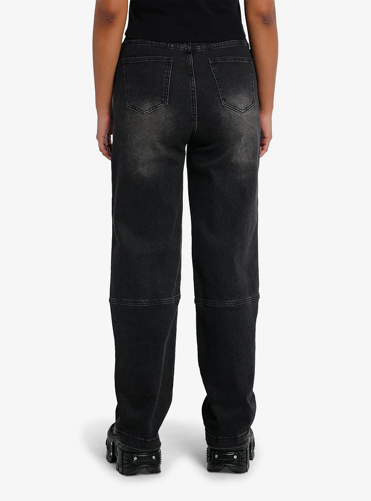 Black Wash Patch Wide Leg Denim Pants