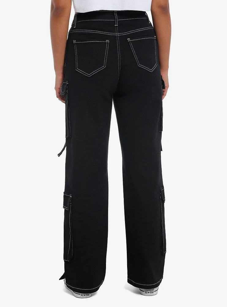 Black & White Contrast Stitch Buckle Strap Cargo Pants Extended