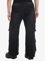 Black Grommet Belt Hardware Cargo Denim Pants Plus